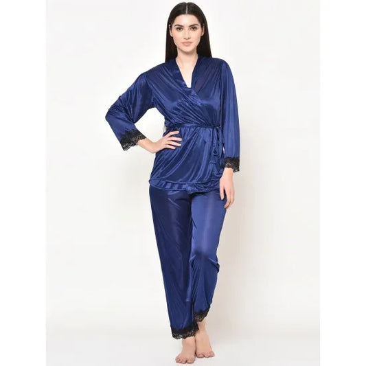 Women'S Navy Blue Laced Detailed Gown And Pajama Set. Sm-254