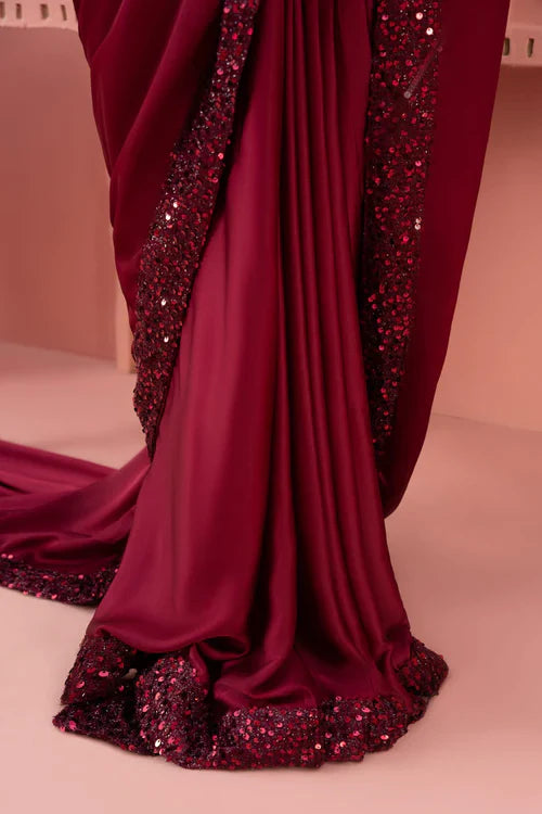 Elegant Maroon Silk Saree – 3-Piece Embellished Ensemble
