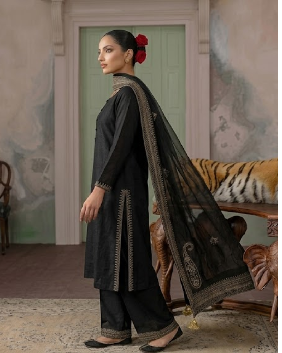 Noir & Noor | Black 3 Piece Suit with Silver Zari Embroidery and Sheer Dupatta