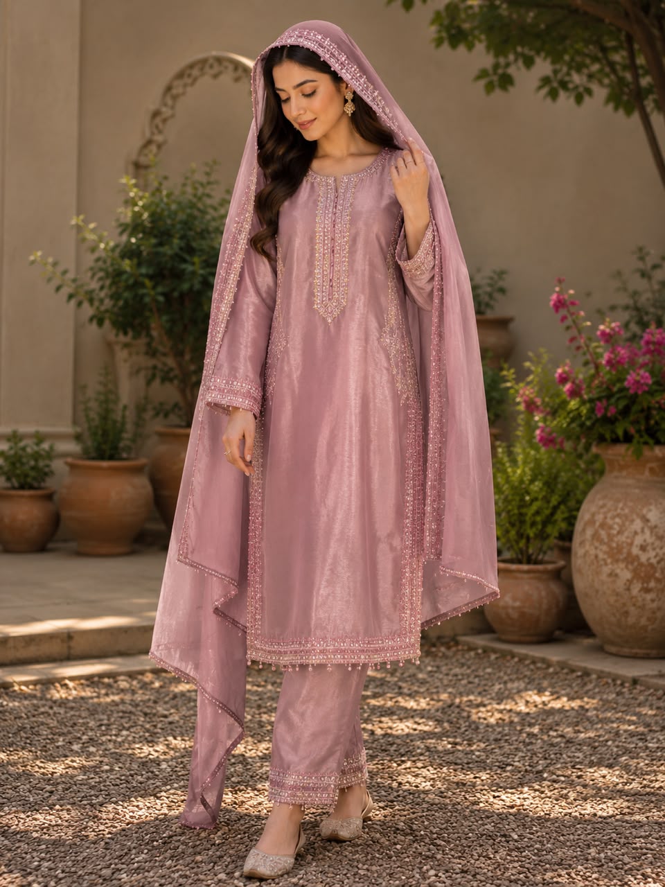 Noor-E-Neel Sheesha Silk Embroidered Suit With Handwork