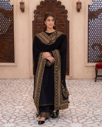 Noir & Noor | Black 3 Piece Suit with Silver Zari Embroidery and Sheer Dupatta
