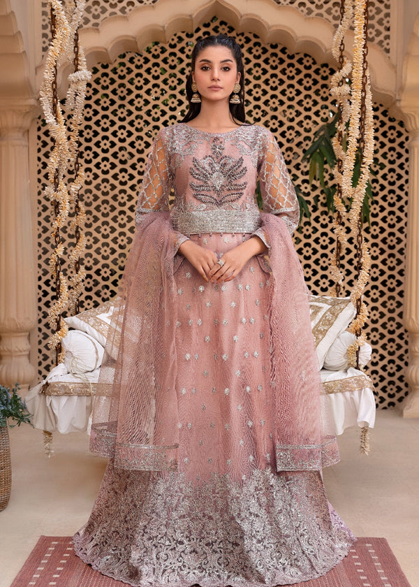 Tea Rose Pink Embroidered Net Lehenga Choli | 3 Piece Set