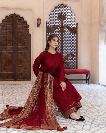 Noir & Noor | Black 3 Piece Suit with Silver Zari Embroidery and Sheer Dupatta