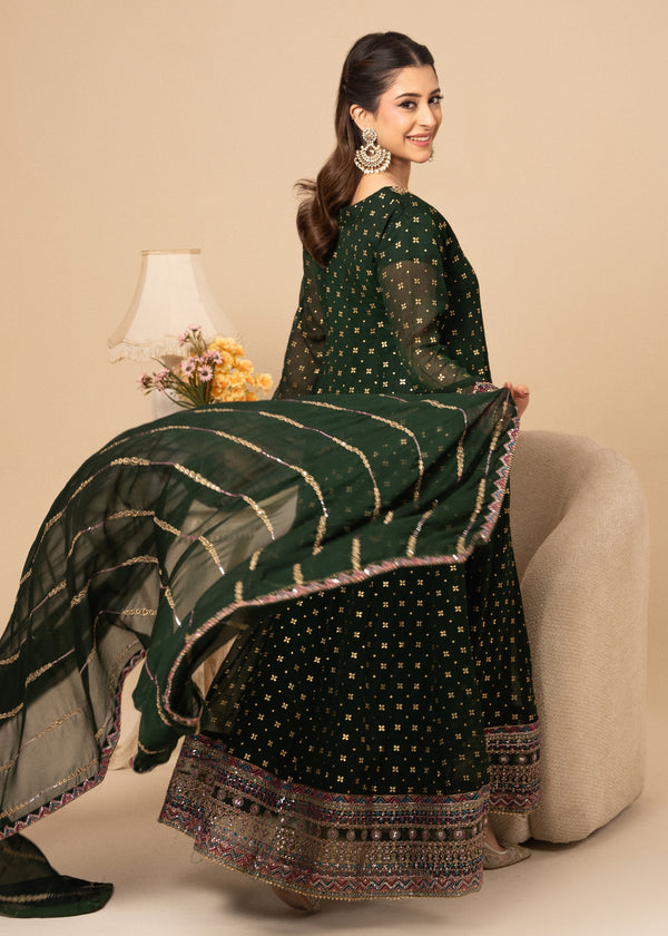 Bottle Green Embellished Chiffon Flared Maxi | 3 Piece Suit