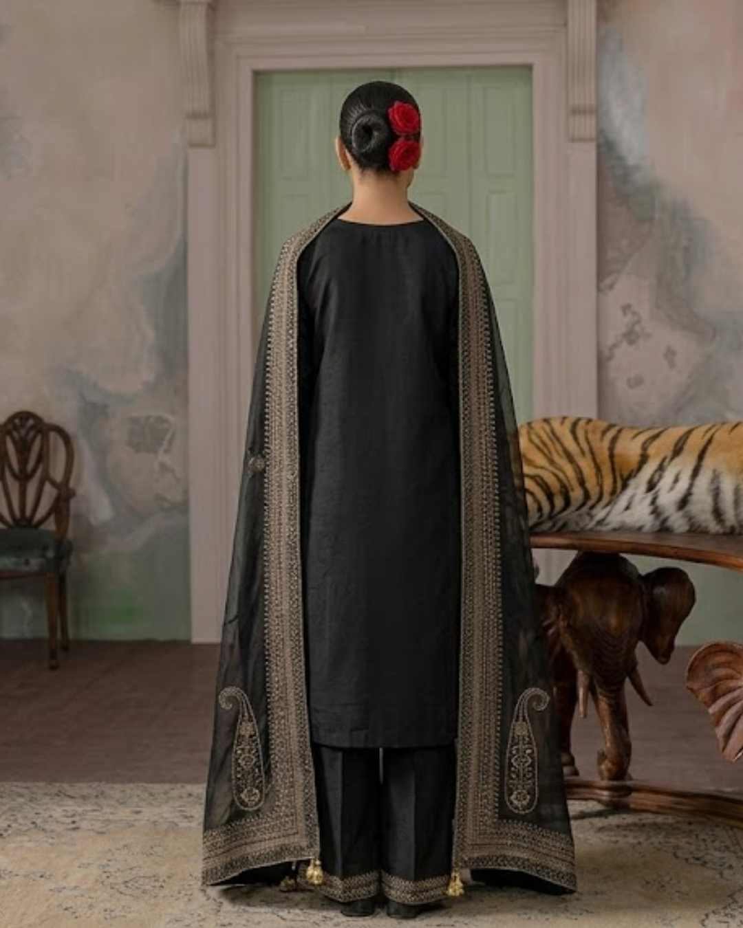 Noir & Noor | Black 3 Piece Suit with Silver Zari Embroidery and Sheer Dupatta
