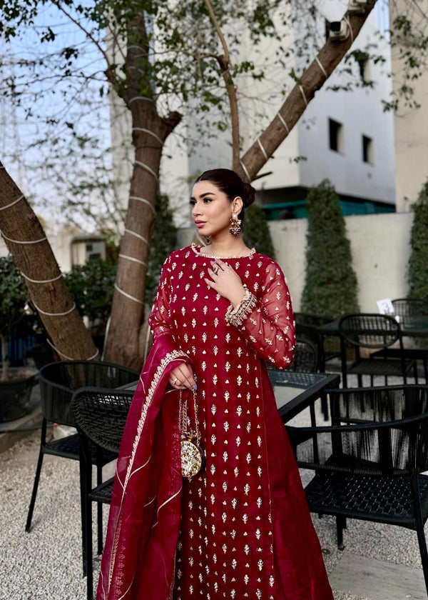 Maroon Embellished Organza Flared Maxi | 4 Piece Suit