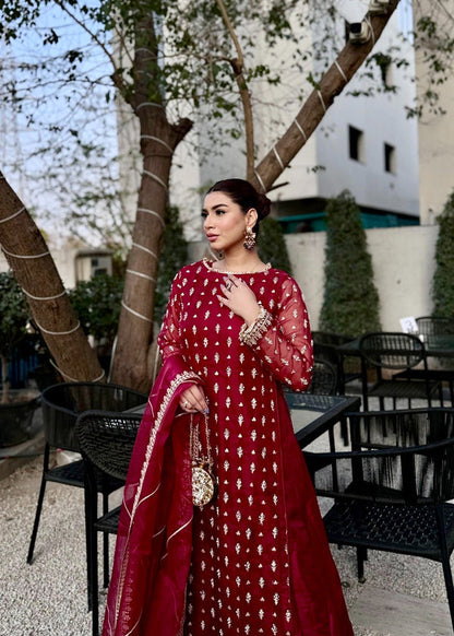 Maroon Embellished Organza Flared Maxi | 4 Piece Suit