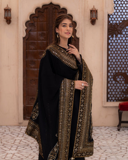 Noir & Noor | Black 3 Piece Suit with Silver Zari Embroidery and Sheer Dupatta