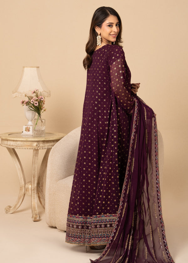 Purple Embellished Chiffon Flared Maxi | 3 Piece Suit