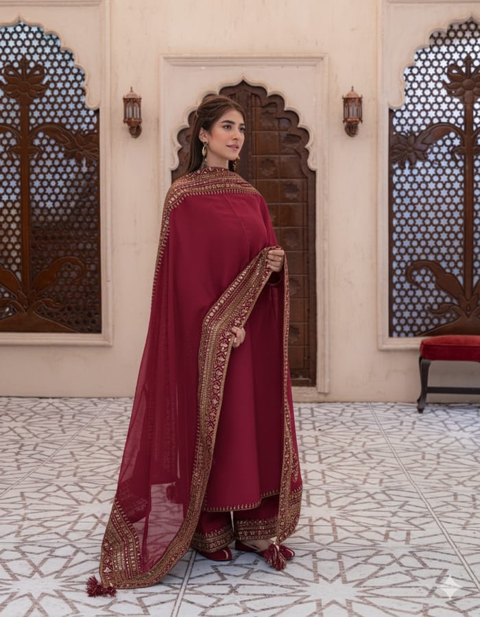 Mahroon Premium 3-Piece Stitched Suit (Ready to Wear)