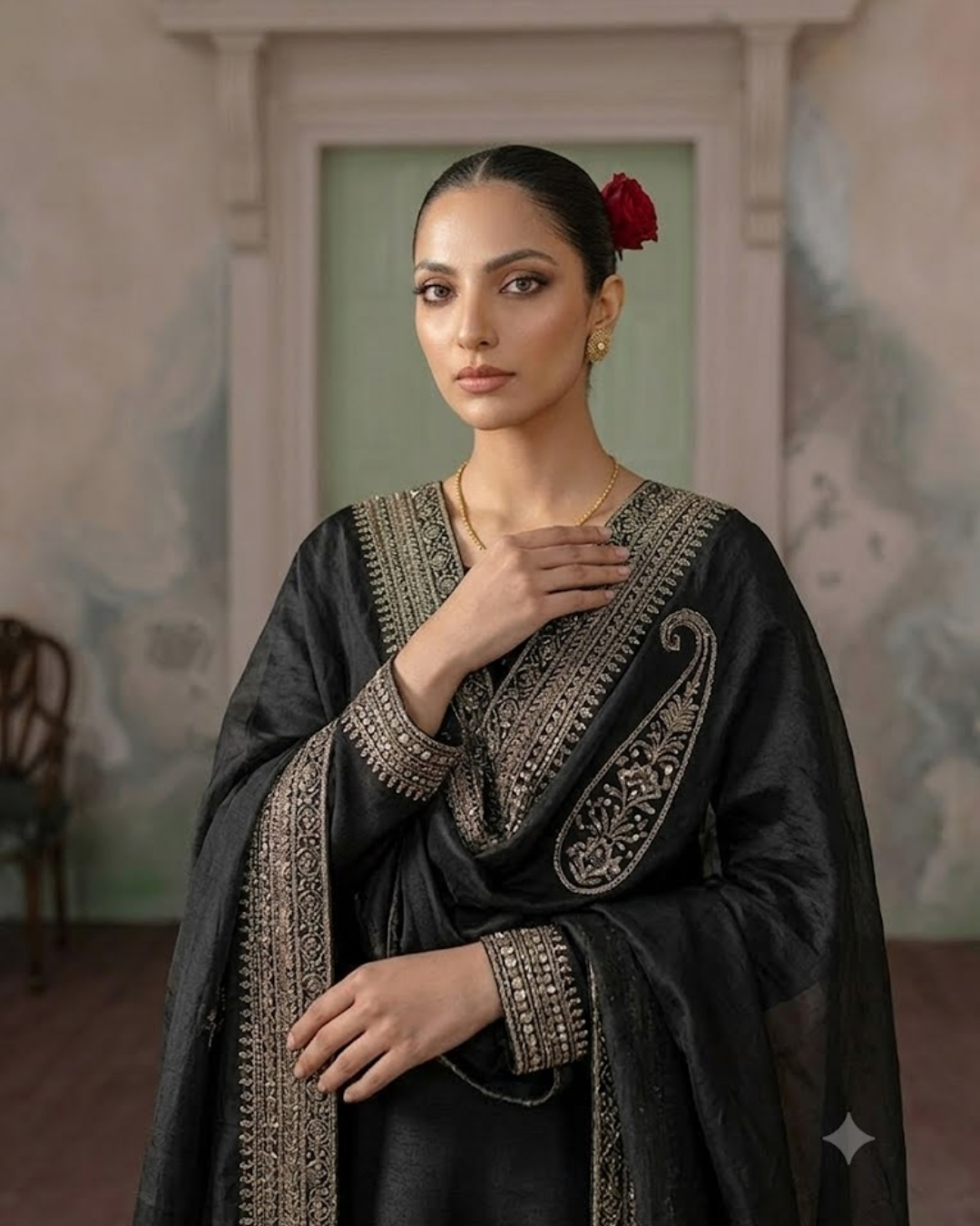 Noir & Noor | Black 3 Piece Suit with Silver Zari Embroidery and Sheer Dupatta