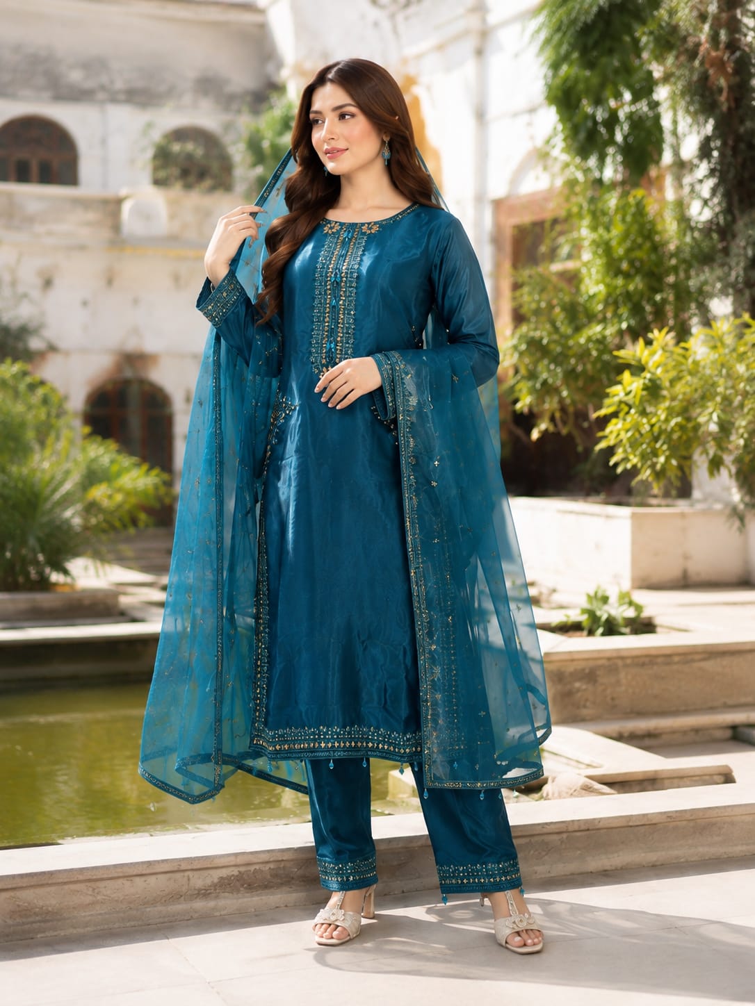 Noor-E-Neel Sheesha Silk Embroidered Suit With Handwork