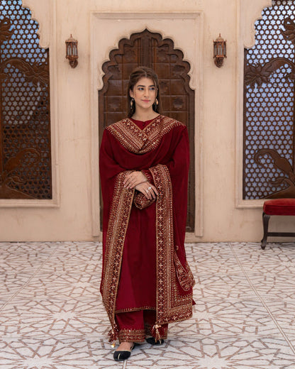 Noir & Noor | Black 3 Piece Suit with Silver Zari Embroidery and Sheer Dupatta