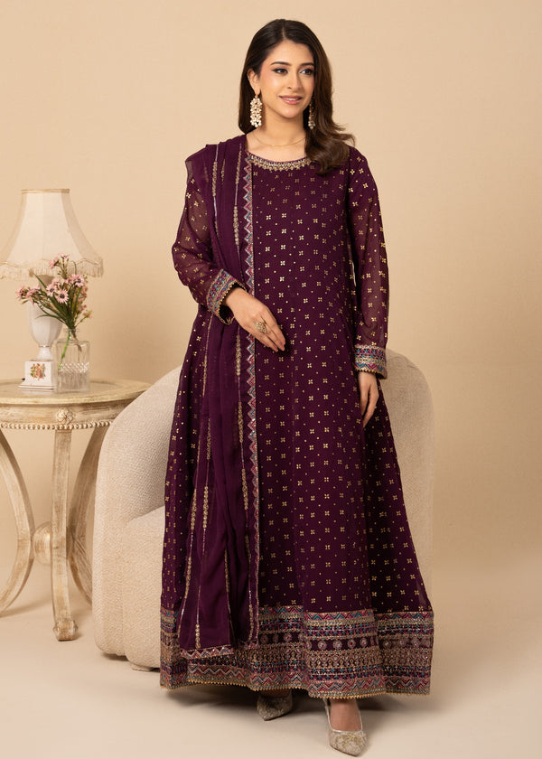 Purple Embellished Chiffon Flared Maxi | 3 Piece Suit