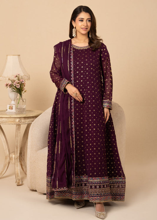 Noir & Noor Chiffon Flared Maxi | Deep Plum | 3 Piece Suit