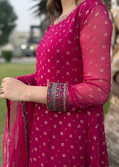 Magenta Embellished Chiffon Flared Maxi | 3 Piece Suit