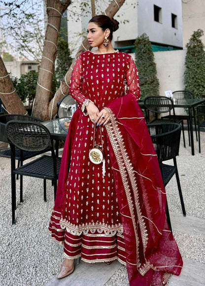 Maroon Embellished Organza Flared Maxi | 4 Piece Suit