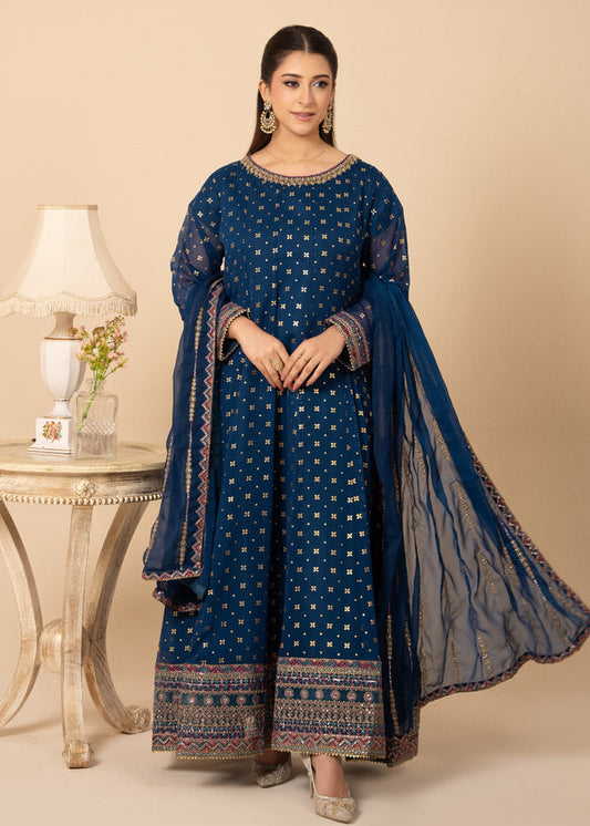 Noir & Noor Chiffon Flared Maxi | Bolt Blue | 3 Piece Suit