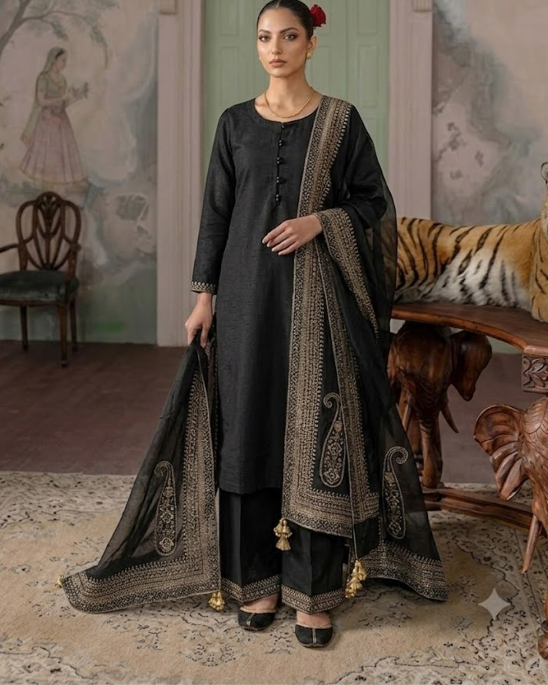 Noir & Noor | Black 3 Piece Suit with Silver Zari Embroidery and Sheer Dupatta