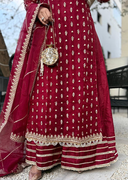 Maroon Embellished Organza Flared Maxi | 4 Piece Suit
