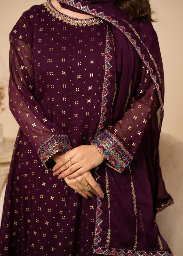 Purple Embellished Chiffon Flared Maxi | 3 Piece Suit