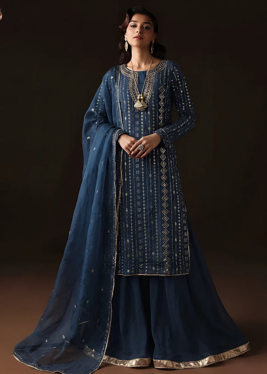 Cobalt Blue Embellished Chiffon Sharara Suit | 3 Piece Set