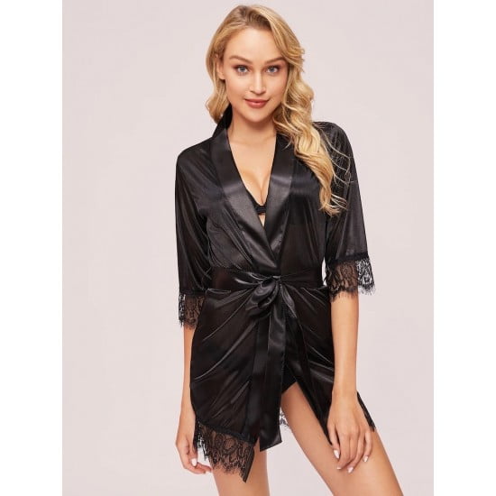 Black Satin Lace Panel Robe Kimono For Women