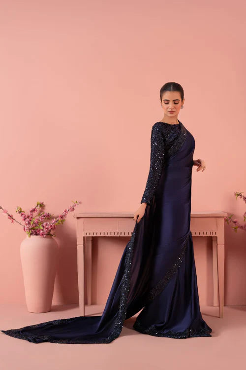 Elegant Blue Silk Saree – 3-Piece Embellished Ensemble