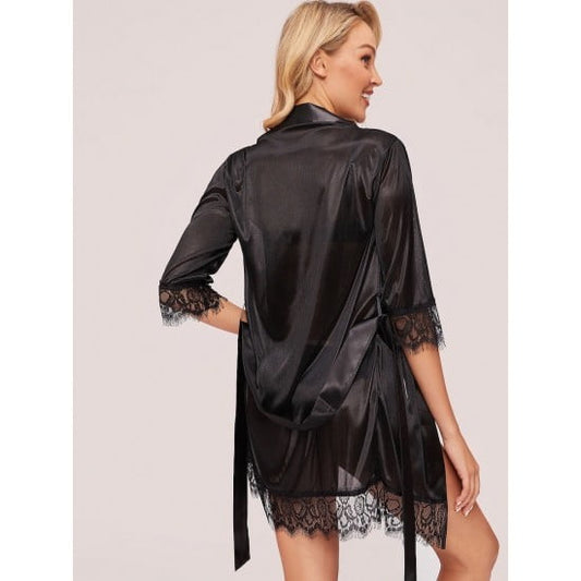 Black Satin Lace Panel Robe Kimono For Women