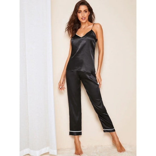 Black Contrast Binding Cami And Pants Set For Women