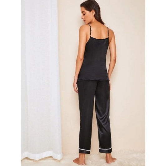 Black Contrast Binding Cami And Pants Set For Women