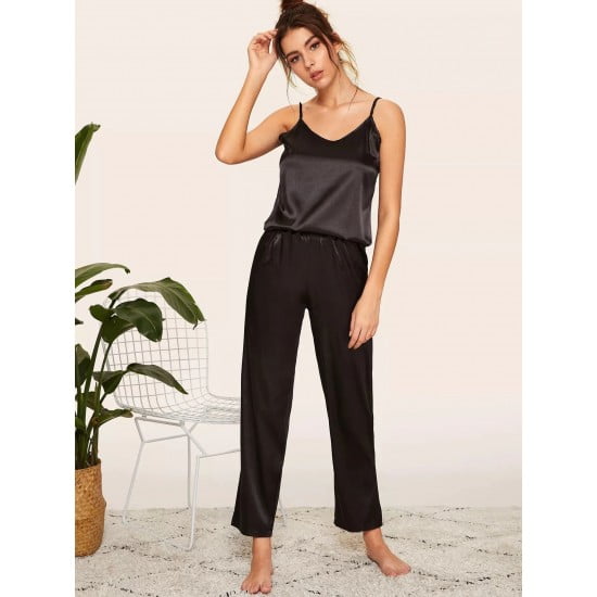 Black Binding Cami And Pants Set For Women