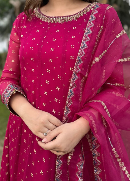 Magenta Embellished Chiffon Flared Maxi | 3 Piece Suit