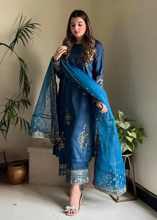 Teal Elegance - 3PC Embroidered Silk Kurta Set