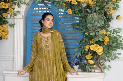 Mehndi Green Embellished Chiffon Sharara Suit | 3 Piece Set