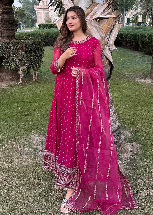 Magenta Embellished Chiffon Flared Maxi | 3 Piece Suit