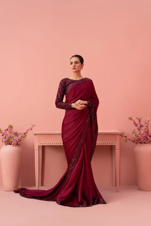 Elegant Maroon Silk Saree – 3-Piece Embellished Ensemble