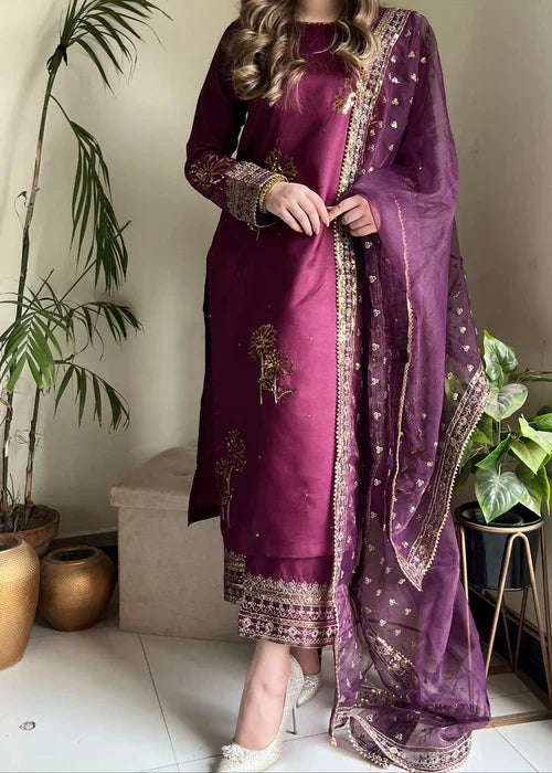 Royal Purple Elegance - 3PC Embroidered Silk Kurta Set