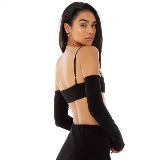 Black Cotton Jersey Kimi Bandeau Long Sleeve Top For Women