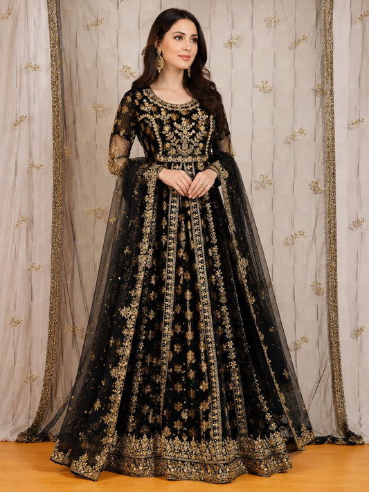 Indian Gown Style Maxi – Premium Net Heavy Embroidered Dress with Dupatta