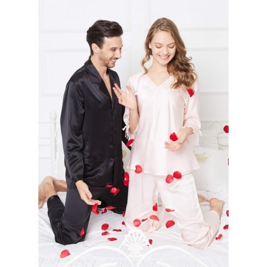 Black-Pink Romantic Silk Couple Pajamas Sets