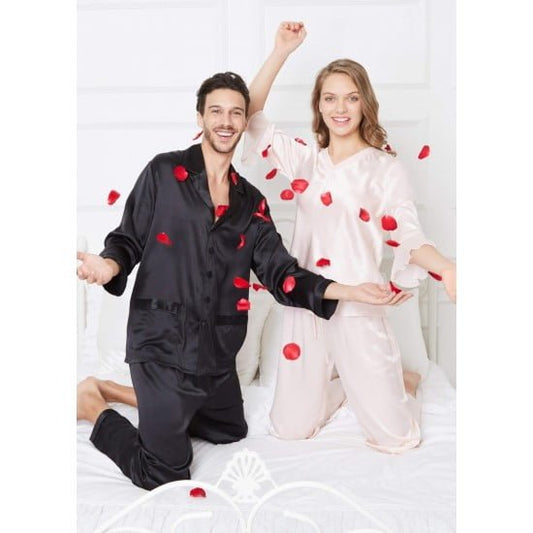 Black-Pink Romantic Silk Couple Pajamas Sets