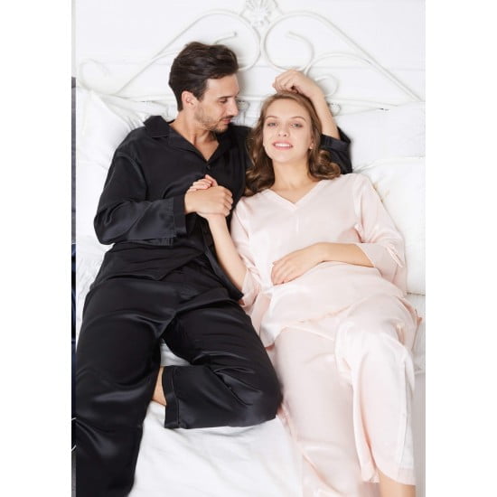 Black-Pink Romantic Silk Couple Pajamas Sets