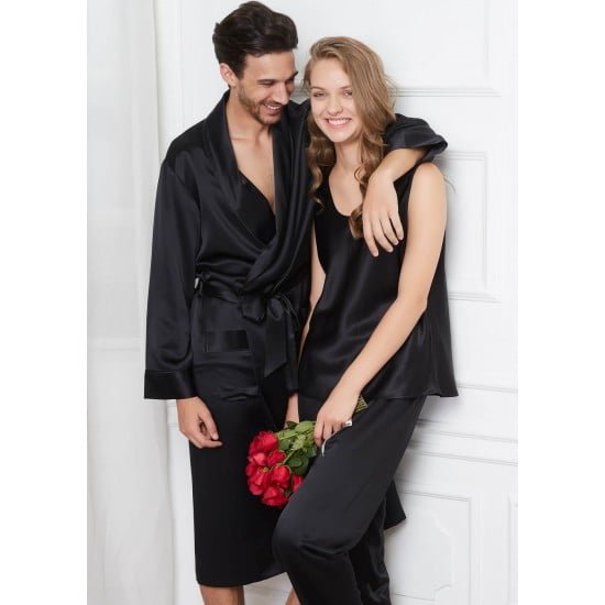 Black Comfy Silk Couple Pajamas And Camisole Set