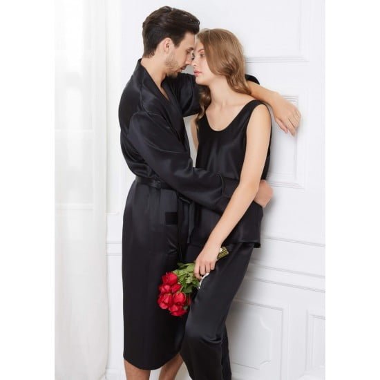 Black Comfy Silk Couple Pajamas And Camisole Set