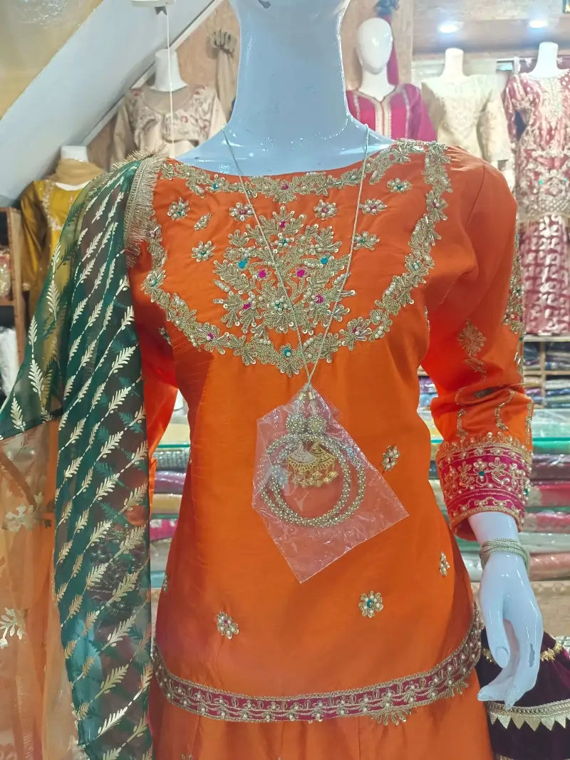 Raw Silk Lehenga Set with Full Handwork – 3 Piece Stitched