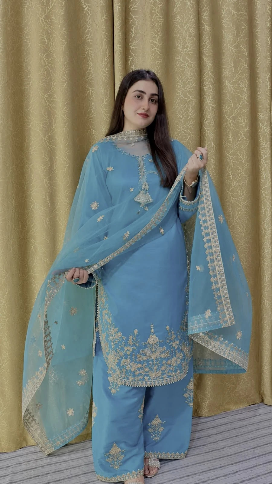 Full-length sky blue Farshi Shalwar 3-piece suit with embroidered shirt, flowing trousers and organza dupatta.