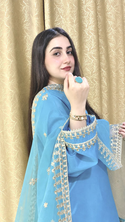 Close-up of a model wearing a sky blue Pakistani suit with golden embroidery and embellished sleeve cuffs.