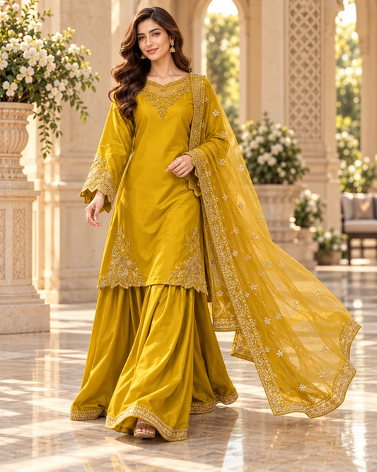 Premium Indian Silk Farshi Palazzo Suit – Mustard Gold