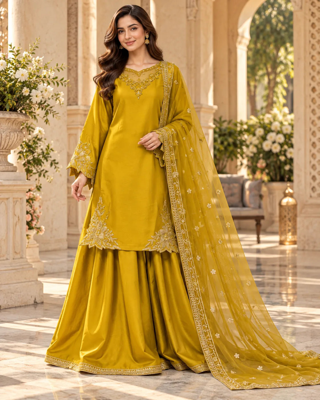 Premium Indian Silk Farshi Palazzo Suit – Mustard Gold